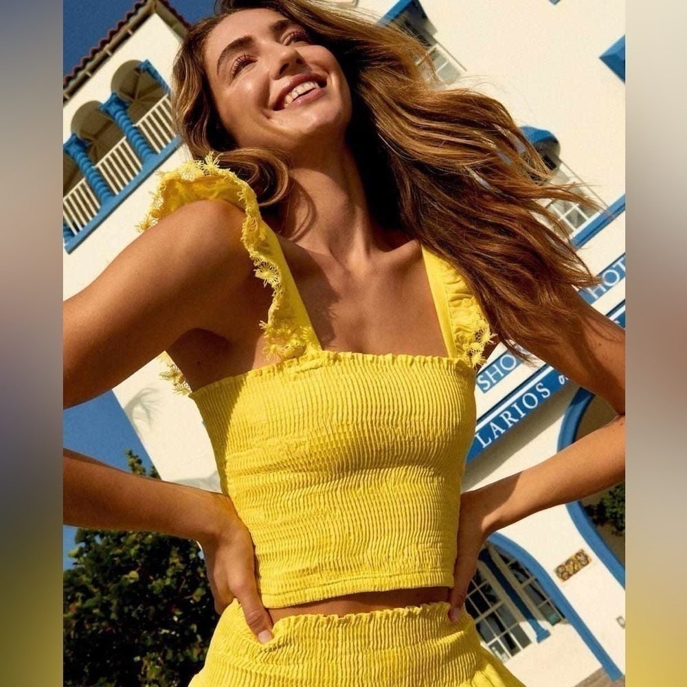 Peixoto Mariel Womens Yellow Smocked Lace Crop Top NEW